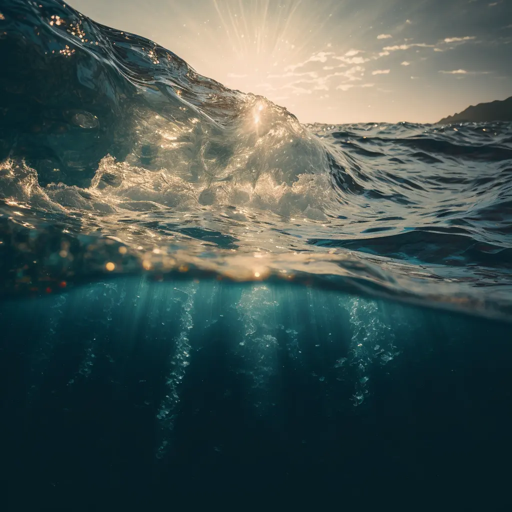 A vast ocean of water with sparkling, crisp radiant reflections, sunlight gleaming, Canon 35mm lens, hyperrealistic photography style of unsplash